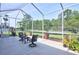 Relaxing screened-in patio offers scenic views of a lush backyard and tranquil pond at 3288 Spruce Creek Gln, Port Orange, FL 32128
