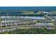 An aerial view of the community's beautiful lake and surrounding lush landscapes at 349 Caryota Ct, New Smyrna Beach, FL 32168