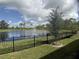 Scenic view of a pond with a fountain, surrounded by trees, from a grassy backyard at 3919 Willowbrook Dr, Edgewater, FL 32141