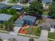 A birds-eye view of a well-manicured home with gray exterior, complemented by lush landscaping, and a fenced backyard at 411 Ryans Ridge Ave, Eustis, FL 32726