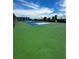 Elevated view of an outdoor tennis court surrounded by green surface, with palm trees at 4141 S Atlantic Ave # 605, New Smyrna Beach, FL 32169