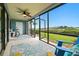 This screened lanai offers great views of the lawn and water with tiled flooring and comfortable seating at 454 Bouchelle Dr # 102, New Smyrna Beach, FL 32169