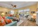 Inviting living room with stylish sofas, a coffee table, and large windows overlooking the pool and patio at 6325 Palmas Bay Cir, Port Orange, FL 32127