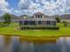 View from across pond of backyard and screened-in lanai at 6804 Forkmead Ln, Port Orange, FL 32128