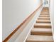 Carpeted staircase with wooden handrail, providing a safe and stylish transition between floors at 6804 Forkmead Ln, Port Orange, FL 32128