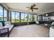 Enclosed patio with comfortable seating offers stunning views of the serene lakeside at 684 Rochester Ct, New Smyrna Beach, FL 32168