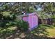 Charming pink shed nestled in a green backyard with a fenced yard, perfect for storage or a hobby space at 805 E 18Th Ave, New Smyrna Beach, FL 32169