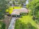 Aerial front view of a well-maintained home with a two-car garage, manicured lawn, and charming curb appeal at 154 Godfrey Rd, Edgewater, FL 32141