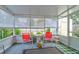 Screened in patio area with two red chairs, a table, and a view of the yard at 5146 Pineland Ave, Port Orange, FL 32127
