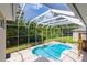 Screened-in pool area with a sparkling pool surrounded by lush landscaping, creating a private oasis at 6065 Spruce Point Cir, Port Orange, FL 32128