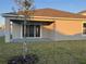 Backyard features a covered patio and sliding glass doors for easy indoor/outdoor living at 515 Ingleside Ln, Haines City, FL 33844