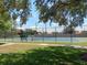 Well maintained community tennis court featuring a perimeter fence, blue surface and bench seating at 2860 N Powers Dr # 14, Orlando, FL 32818