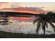 Scenic sunset view over the tranquil lake reflecting vibrant colors, complemented by a lakeside gazebo and swaying palm tree at 10843 Lakeshore Dr, Clermont, FL 34711