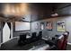 A cozy home theater with black leather recliners and movie posters at 8951 Hilton Ridge Ave, Kissimmee, FL 34747