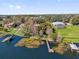 Beautiful waterfront property with lush landscaping and private boat dock in an aerial view at 128 W Juliana Way, Auburndale, FL 33823