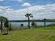 Expansive lake view from a lush green lawn, dotted with young palm trees under a sunny sky at 7367 Catania Loop, Clermont, FL 34714