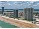 Aerial view showcases beachfront condos with ocean views, sandy beach, and city skyline at 2545 S Atlantic Ave # 2107-2108, Daytona Beach Shores, FL 32118