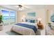 Bright bedroom with beautiful water views, cozy blue accents, and ample natural light at 2545 S Atlantic Ave # 2107-2108, Daytona Beach Shores, FL 32118