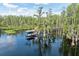 Scenic view of a tranquil lake with a boat dock, surrounded by majestic trees, creating a serene waterfront retreat at 11602 Graces Way, Clermont, FL 34711
