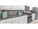 Modern kitchen with white cabinets, stainless steel appliances, and dark countertop at 880 Driving Range Ct, Reunion, FL 34747