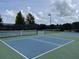 Well-maintained blue and green tennis courts with black fencing, ready for a match under a partly cloudy sky at 333 Navarra Ln, Davenport, FL 33837