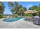 Beautiful backyard pool with lush landscaping, dining table, and shady umbrella at 9 Stone Gate N, Longwood, FL 32779