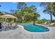 Beautiful backyard pool with lush landscaping, dining table, and shady umbrella at 9 Stone Gate N, Longwood, FL 32779