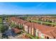 Beautiful aerial view of the community with a fountain pond, manicured landscaping, and terracotta tile roofs at 5536 Metrowest Blvd # 8-304, Orlando, FL 32811