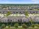 Expansive aerial view of a neighborhood showcasing rows of townhomes, landscaped streets, and verdant greenery, under a bright blue sky at 1625 Reflection Cv, Saint Cloud, FL 34771