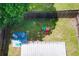 An aerial view reveals a backyard featuring a wooden fence, play set and patio set for outdoor enjoyment at 4316 Natchez Trace Dr, St Cloud, FL 34769