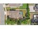 Overhead view of house with screened pool, fenced yard, and lush landscaping at 5200 Landmark Dr, St Cloud, FL 34771