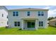 Exterior back of home with a covered patio, large windows, and a well-kept lawn at 463 Shadow Gorge Way, Eustis, FL 32736