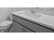 Well-lit bathroom featuring a modern vanity with a quartz countertop and undermount sink at 463 Shadow Gorge Way, Eustis, FL 32736