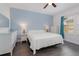 Bedroom with light blue accent wall, white furniture, and a ceiling fan at 2444 Lobelia Dr, Lake Mary, FL 32746