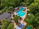 Aerial view of the community pool features numerous lounge chairs and lush tropical landscaping at 1401 Celebration Ave # 402, Celebration, FL 34747