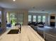 Open kitchen design with a center island and stainless steel sink, flowing into the living room at 9238 Kensington Row Ct, Orlando, FL 32827