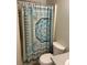 This bathroom features a shower curtain, toilet and sink at 5027 Se 109Th Pl, Belleview, FL 34420