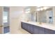 Bright bathroom with double sinks, white countertop, blue cabinets, and a large mirror at 9982 Fiddley Aly, Orlando, FL 32827