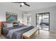 Serene main bedroom with sleek ceiling fan, stylish furniture, and access to an outdoor patio at 10544 Wyndcliff Dr, Orlando, FL 32817