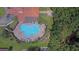 Overhead view of a community pool with an ocean shape, surrounded by lounge chairs, lush landscaping, and ample seating at 3047 Sangria St, Kissimmee, FL 34744