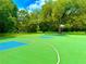 Outdoor basketball court with blue and green surface featuring a basketball hoop surrounded by large, shady trees at 3047 Sangria St, Kissimmee, FL 34744