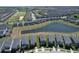 Aerial view of a new construction community near a golf course and pond, with an arrow pointing to the property at 8938 Cabot Cliffs Dr, Davenport, FL 33896