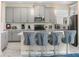 Stylish kitchen island featuring pendant lighting, gray cabinets, and seating for four at 8938 Cabot Cliffs Dr, Davenport, FL 33896