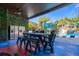 Inviting outdoor dining area with lush greenery, stainless steel appliances, and custom flooring near the luxurious pool at 1021 Fantasy Dr, Davenport, FL 33896