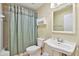 Cozy bathroom featuring a pedestal sink, toilet, and shower with a decorative green shower curtain at 1730 Stafford Springs Blvd, Mount Dora, FL 32757