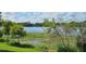 Beautiful lake view showcasing lily pads and surrounding greenery on a sunny day with scattered clouds at 593 Lake Wildmere Cv, Longwood, FL 32750