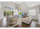 Spacious living room with vaulted ceilings, modern furniture, and sliding glass doors to the outdoor living area at 8704 Crestgate Cir, Orlando, FL 32819