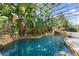 Enclosed pool with rock features, stone edge, lush tropical landscaping, and an attached cave at 8704 Crestgate Cir, Orlando, FL 32819