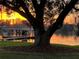 Picturesque lake view featuring a charming boathouse, mature tree, and sunset reflecting on the tranquil water at 4024 W Danby Ct, Winter Springs, FL 32708