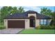 Home exterior showcasing a modern design, a two car garage, and landscaping at 1669 Markel Dr, Winter Garden, FL 34787